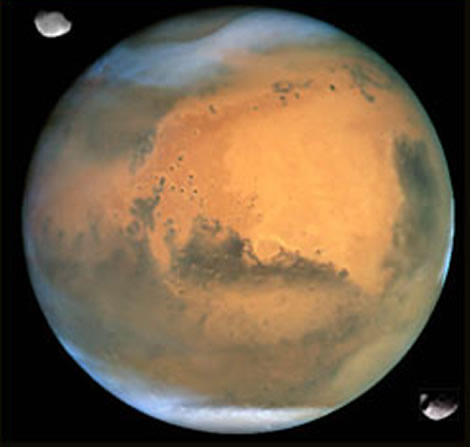 The red planet, Mars, and its two moons, Deimos and Phobos, which are most likely captured asteroids and are not shown to scale (Mars not in collection - for reference only)