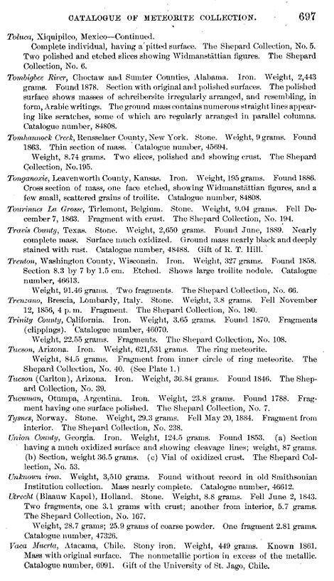 Page 697 of the USNM 1902 catalog with reference to the C.U. Shepard #53.