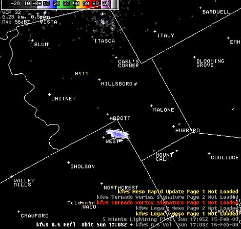 National Weather Service in Fort Worth DOPPLER showing the meteor three seconds later at 4,000 feet.